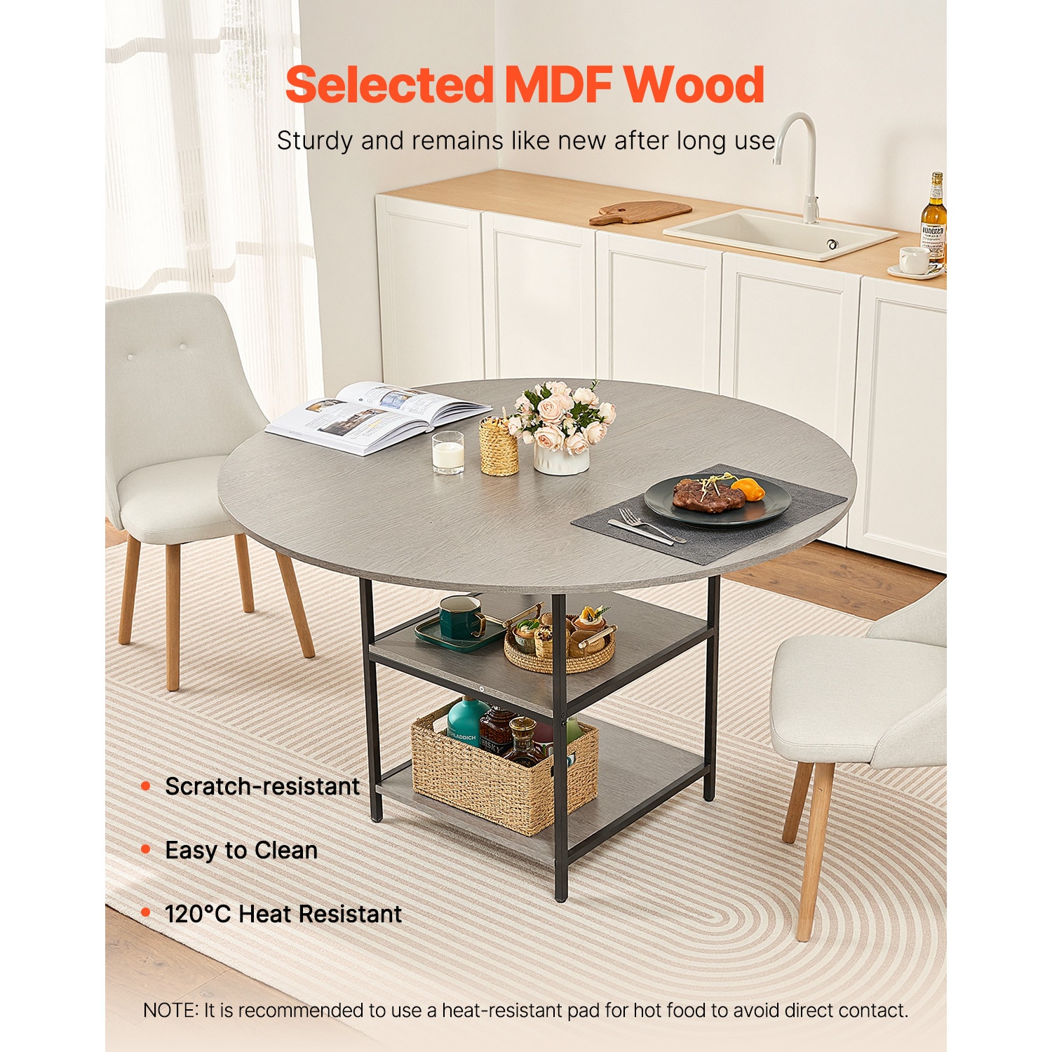 47 In Round Dining Table Wood Kitchen Table For 4-6 Person Grey (Only Table)_voghion.com
